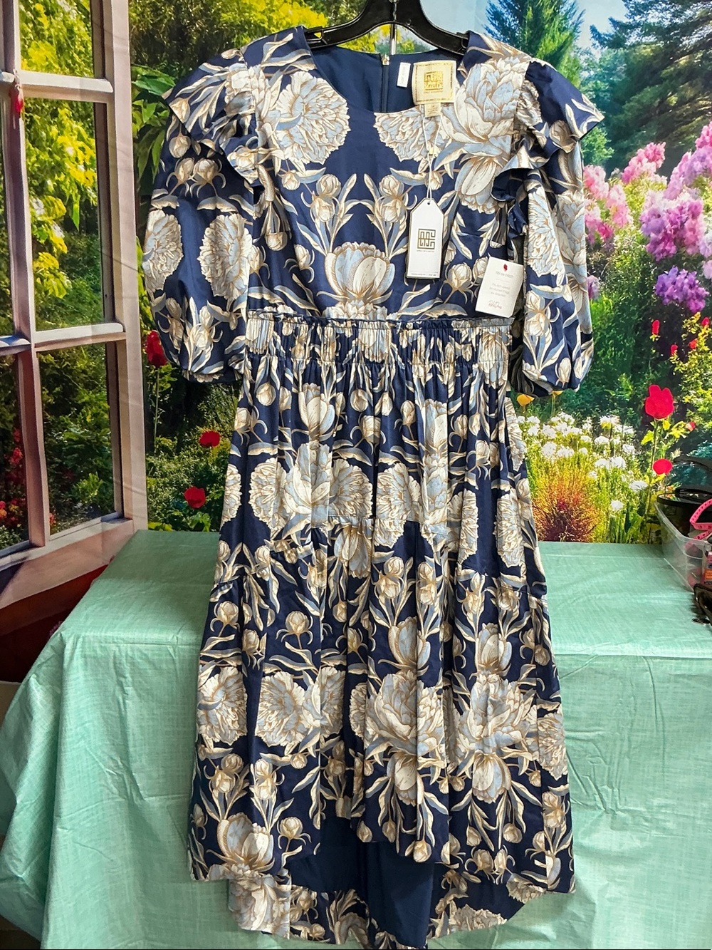 Emily McCarthy Floral Navy and Cream Midi Dress with Puff Sleeves. #2213